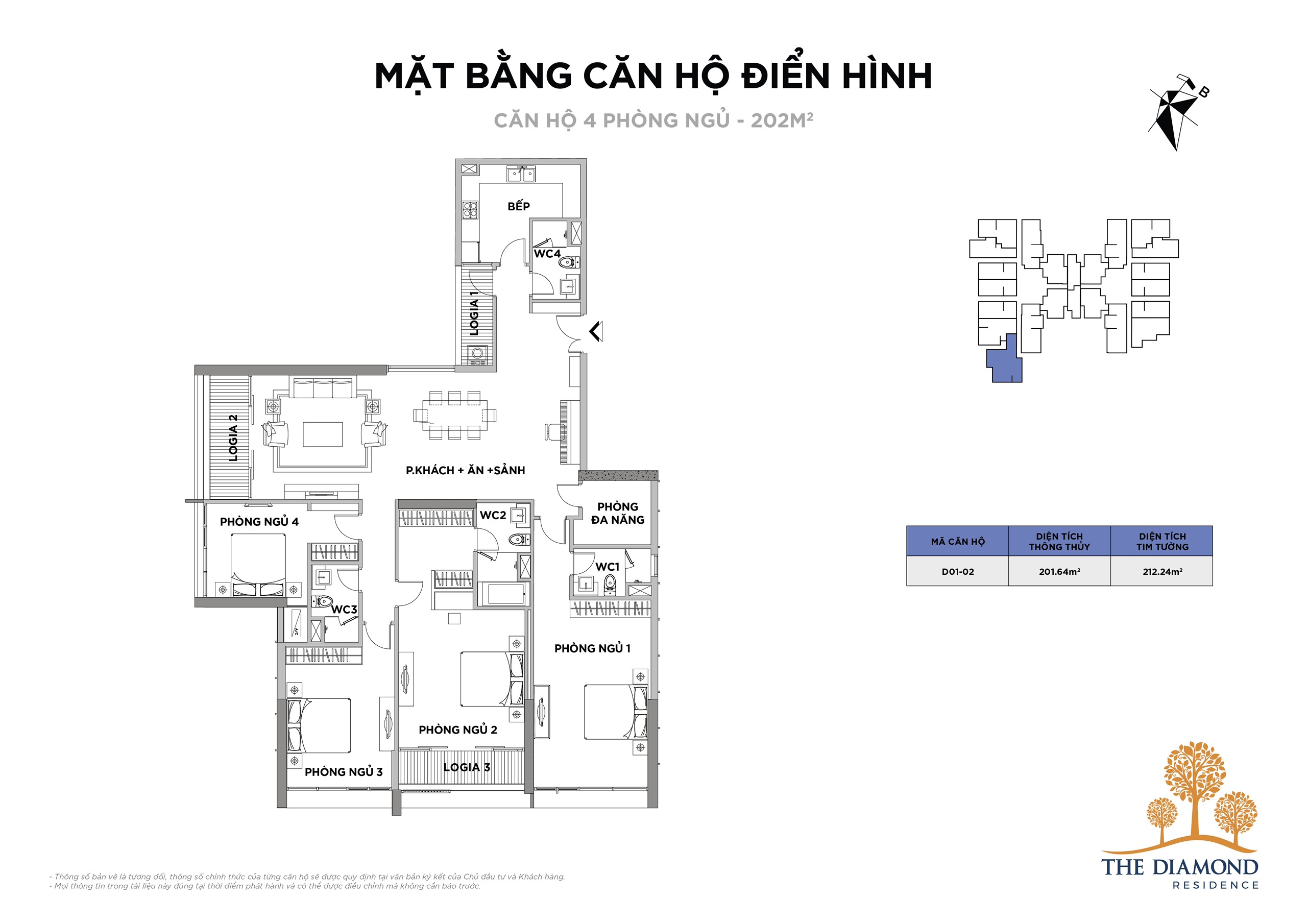 CHỈ HƠN 3TỶ SỞ HỮU NGAY CĂN HỘ 4PN4VS  202M2 TẠI THE DIAMOND RESIDENCE