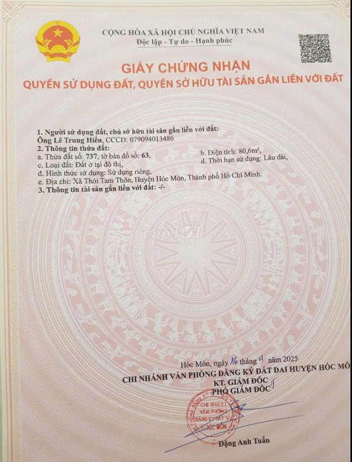 Bán đất thổ cư tại Thới Tam Thôn, Hóc Môn hẻm xe hơi