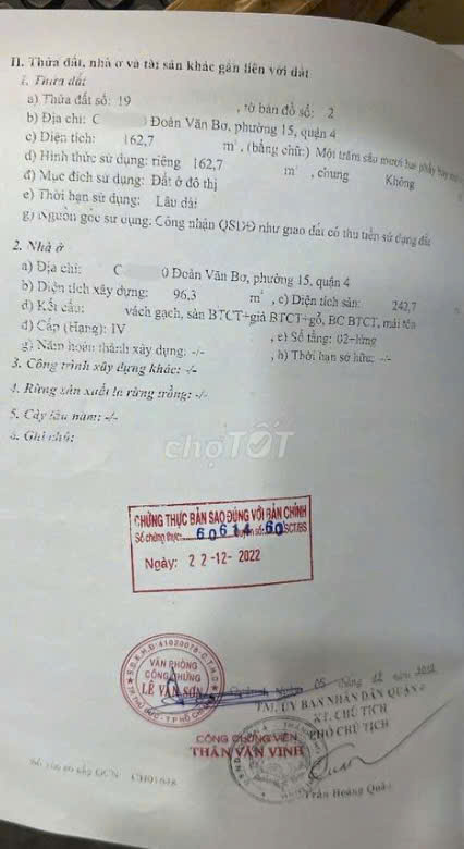 Chính chủ bán lô đất Full thổ Cư tại Đoàn Văn Bơ Q4
