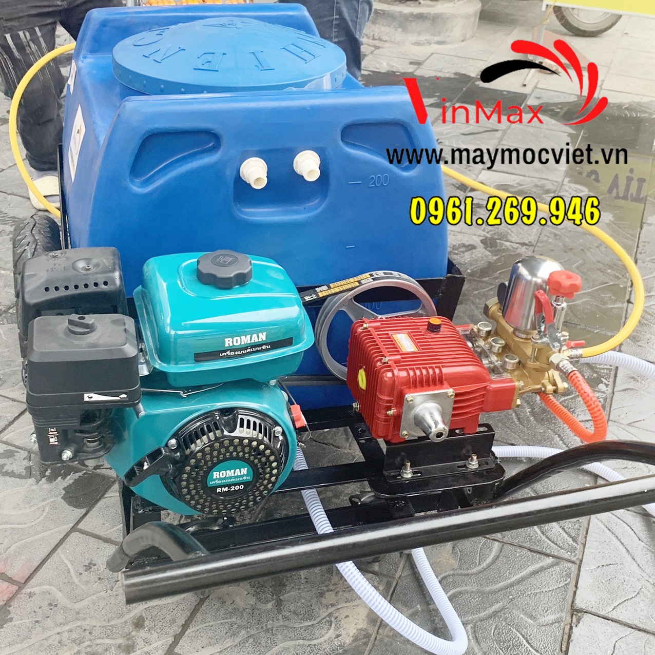 Máy phun thuốc sâu 200L đẩy tay động cơ xăng 6.5HP có rulo quấn tay