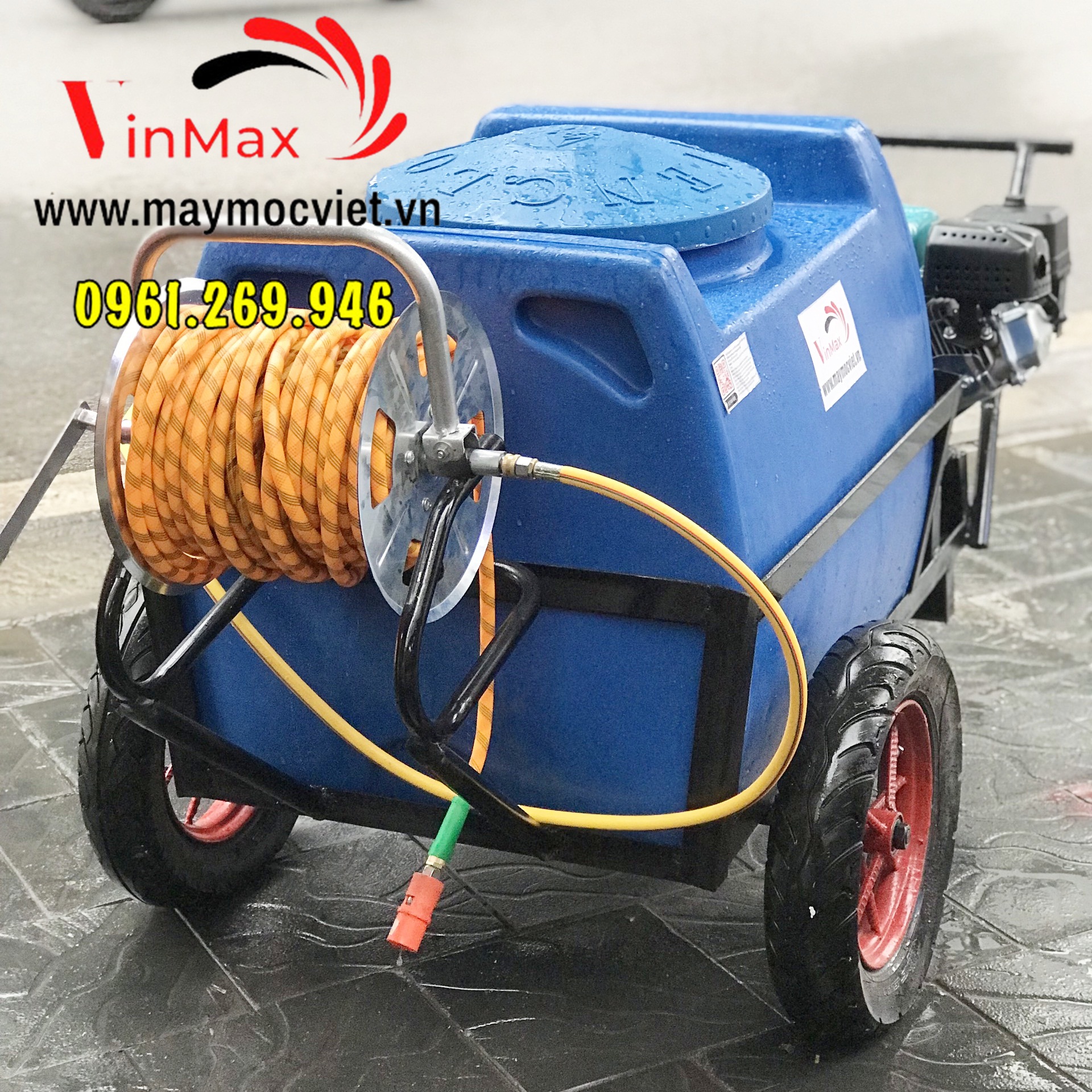 Máy phun thuốc sâu 200L đẩy tay động cơ xăng 6.5HP có rulo quấn tay