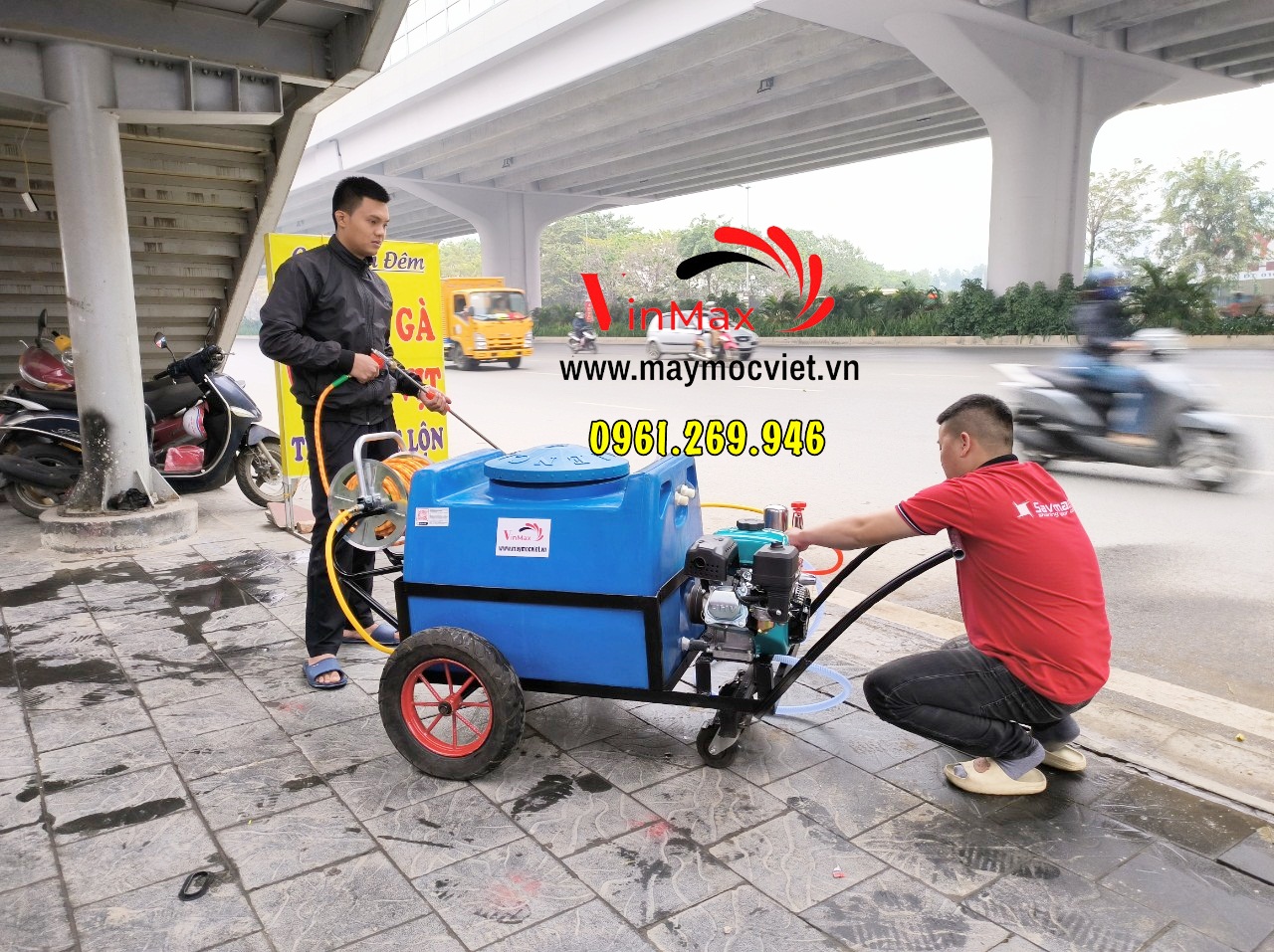 Máy phun thuốc sâu 200L đẩy tay động cơ xăng 6.5HP có rulo quấn tay
