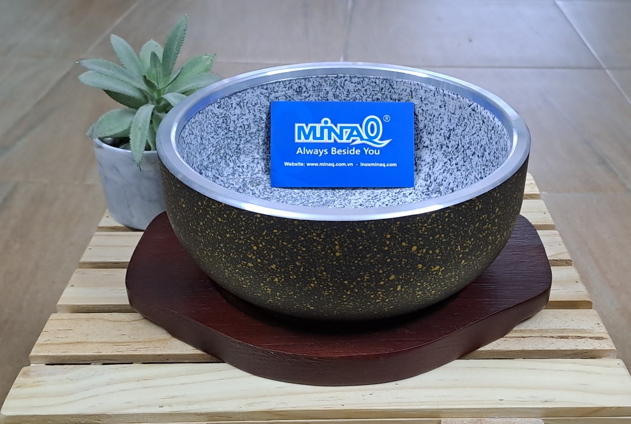 Tô đá bọc kim loại Lacosa, thố đá kèm đế gỗ