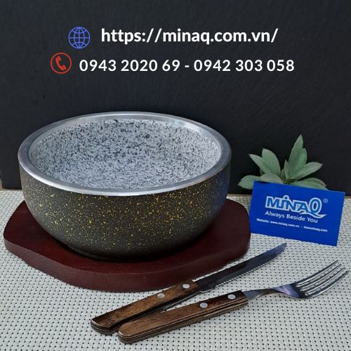 Tô đá bọc kim loại Lacosa, thố đá kèm đế gỗ