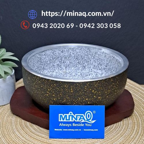 Tô đá bọc kim loại Lacosa, thố đá kèm đế gỗ