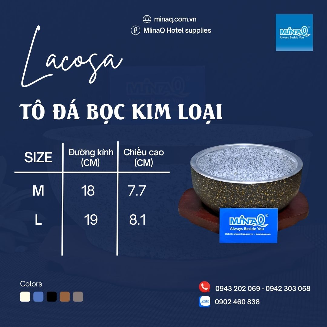Thố đá bọc kim loại chính hãng Lacosa, kèm đế gỗ