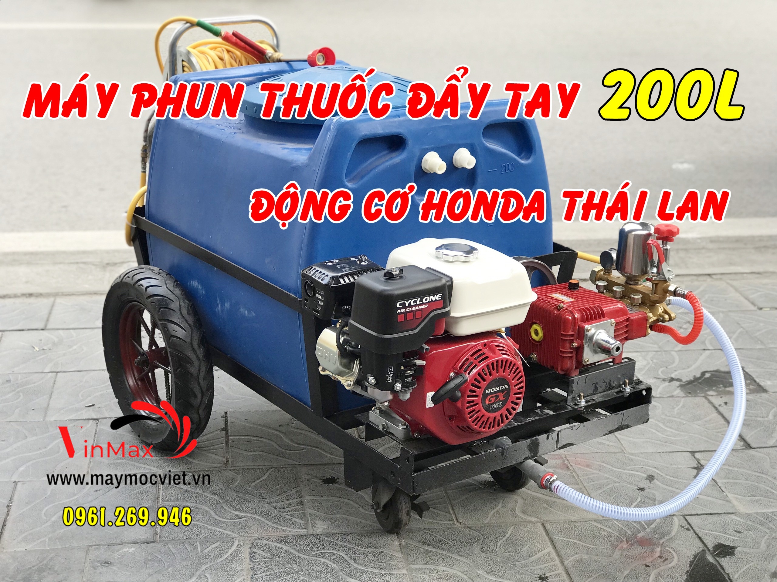 Máy phun thuốc Honda đẩy tay thùng chứa 200L di động