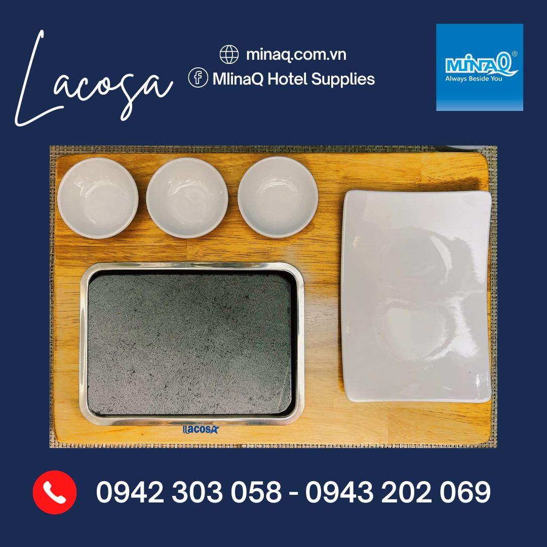 Bộ khay đá nướng thịt kèm chén và đĩa sứ Lacosa