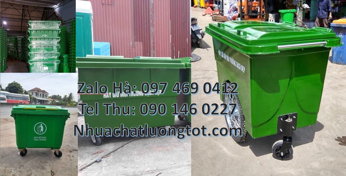 xe chở rác 660l màu xanh, xe thu gom rác 1000l 3 bánh, xem thu gom rác
