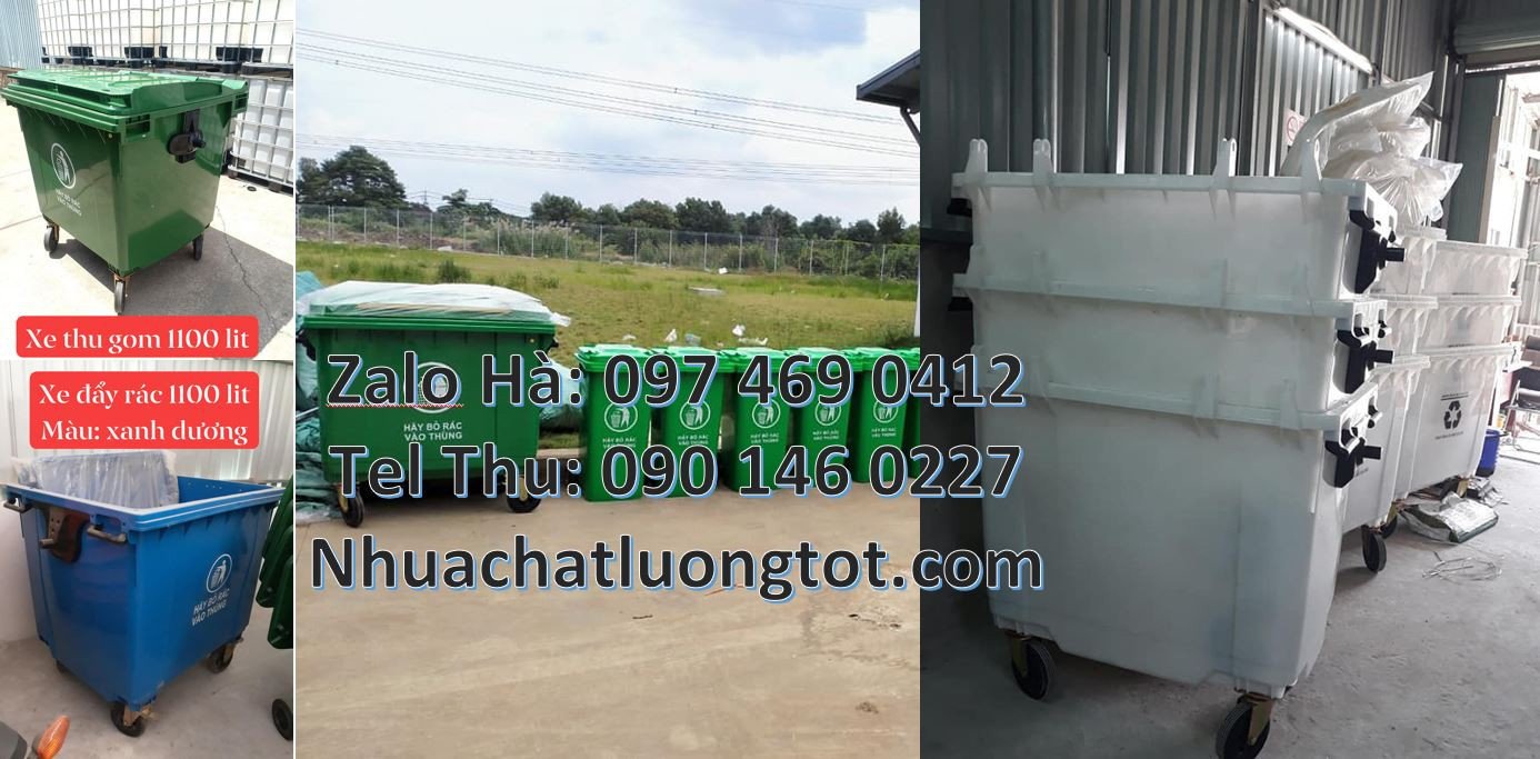xe chở rác 660l màu xanh, xe thu gom rác 1000l 3 bánh, xem thu gom rác