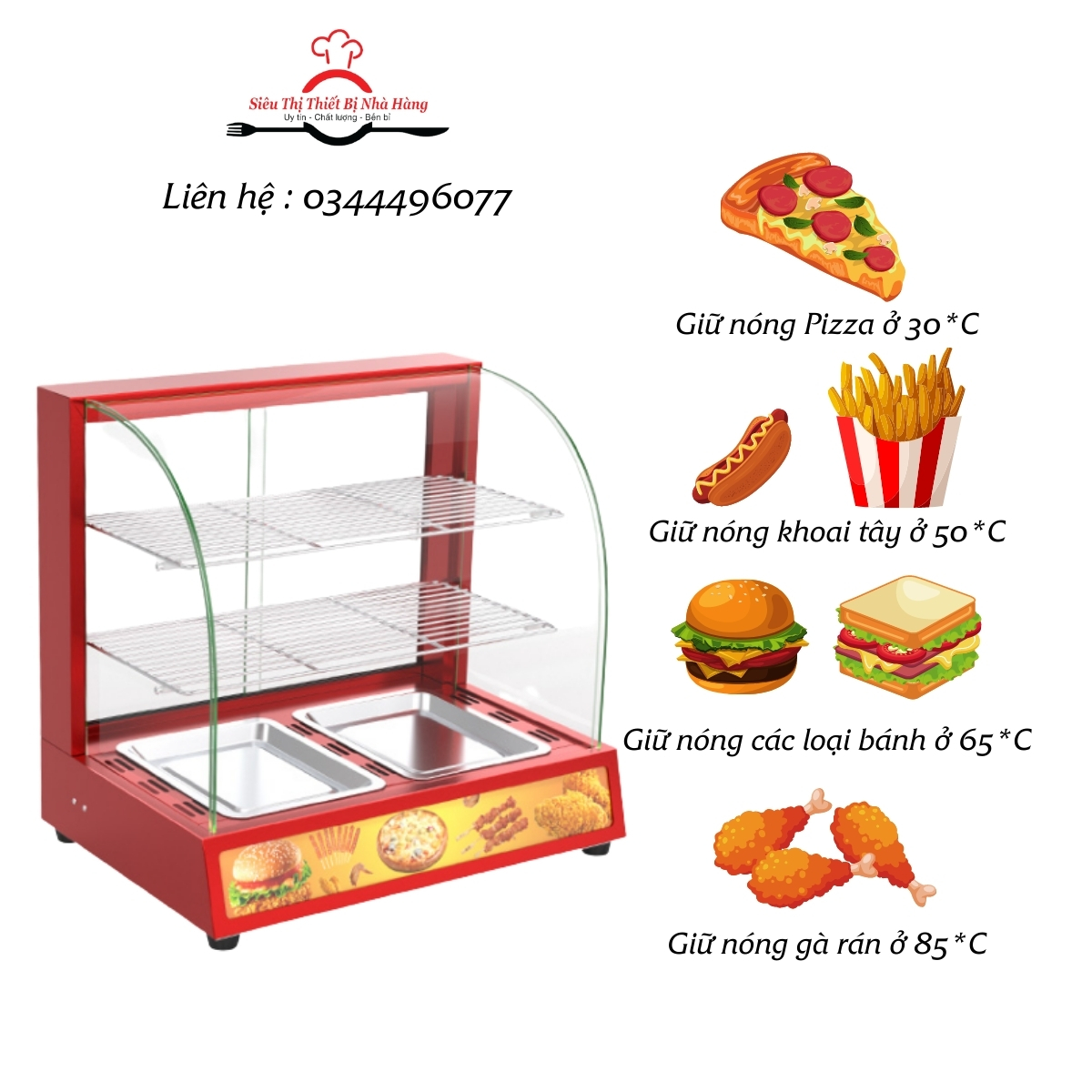 Tủ giữ nóng thực phẩm 2 khay kính cong- tủ bảo quản