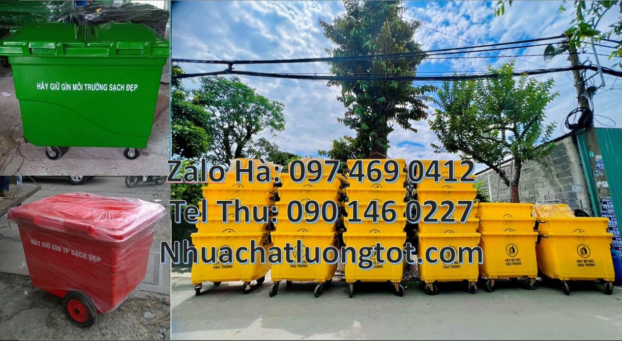 xe thu gom rác cỡ lớn 660l 4 bánh xe,xe thu gom rác 660l màu xanh vàng