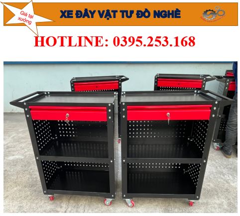 Xe đẩy dụng cụ đồ nghề 3 tầng có ngăn kéo, vách treo model