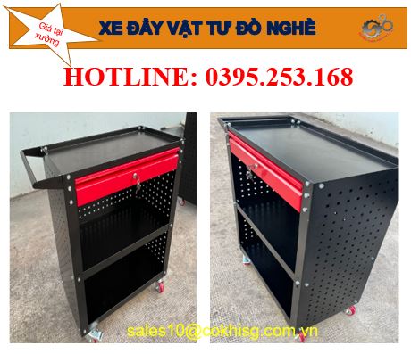 Xe đẩy dụng cụ đồ nghề 3 tầng có ngăn kéo, vách treo model