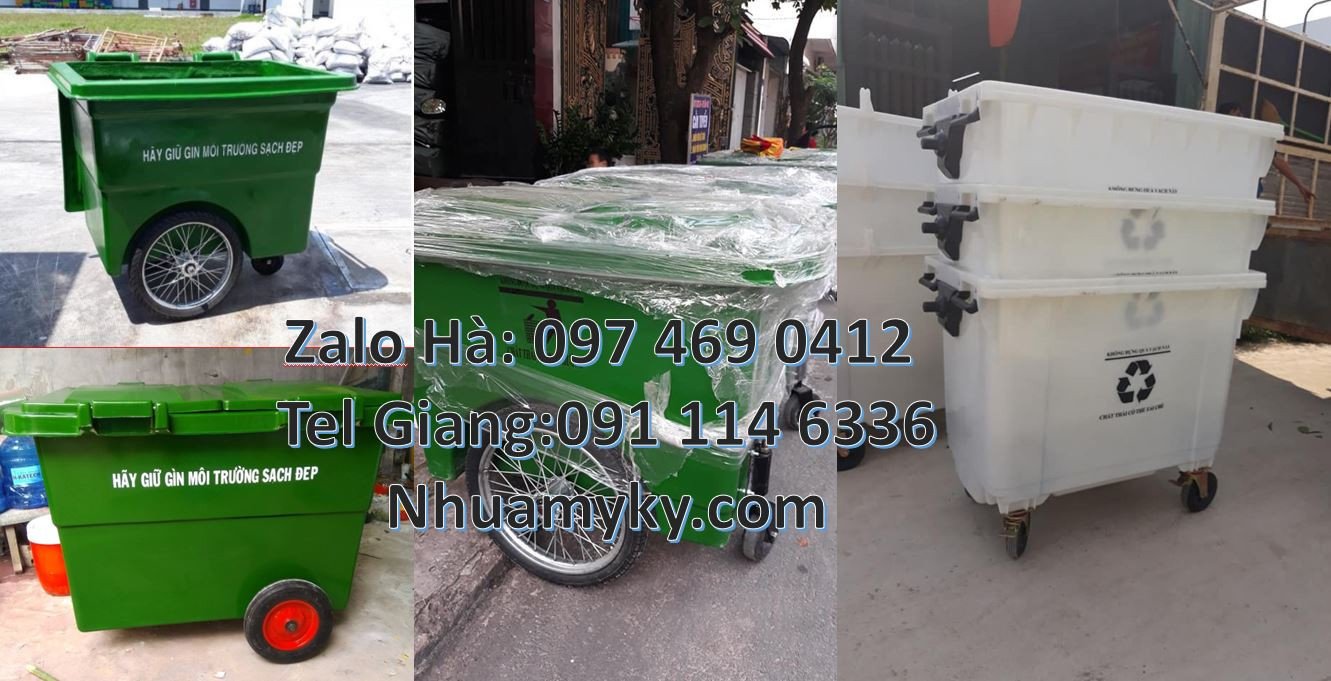 xe thu gom rác 660l màu xanh,xe gom rác 660l 4 bánh cao xu,xe gom rác