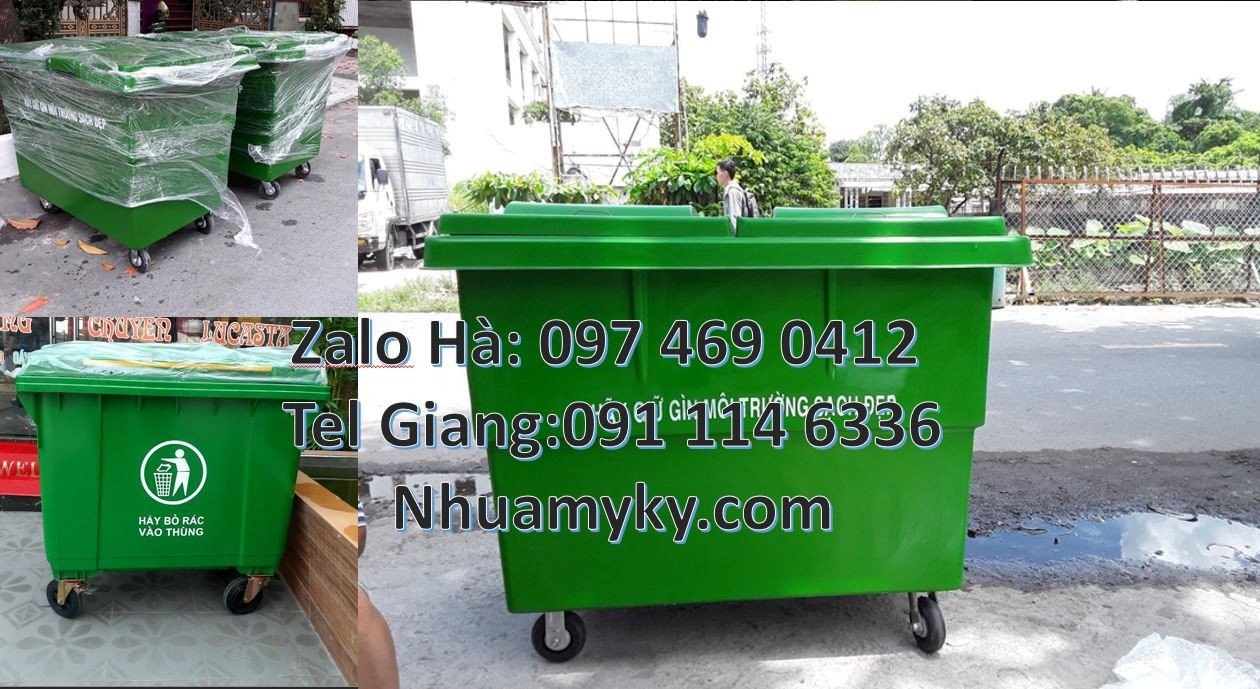 xe thu gom rác 660l màu xanh,xe gom rác 660l 4 bánh cao xu,xe gom rác