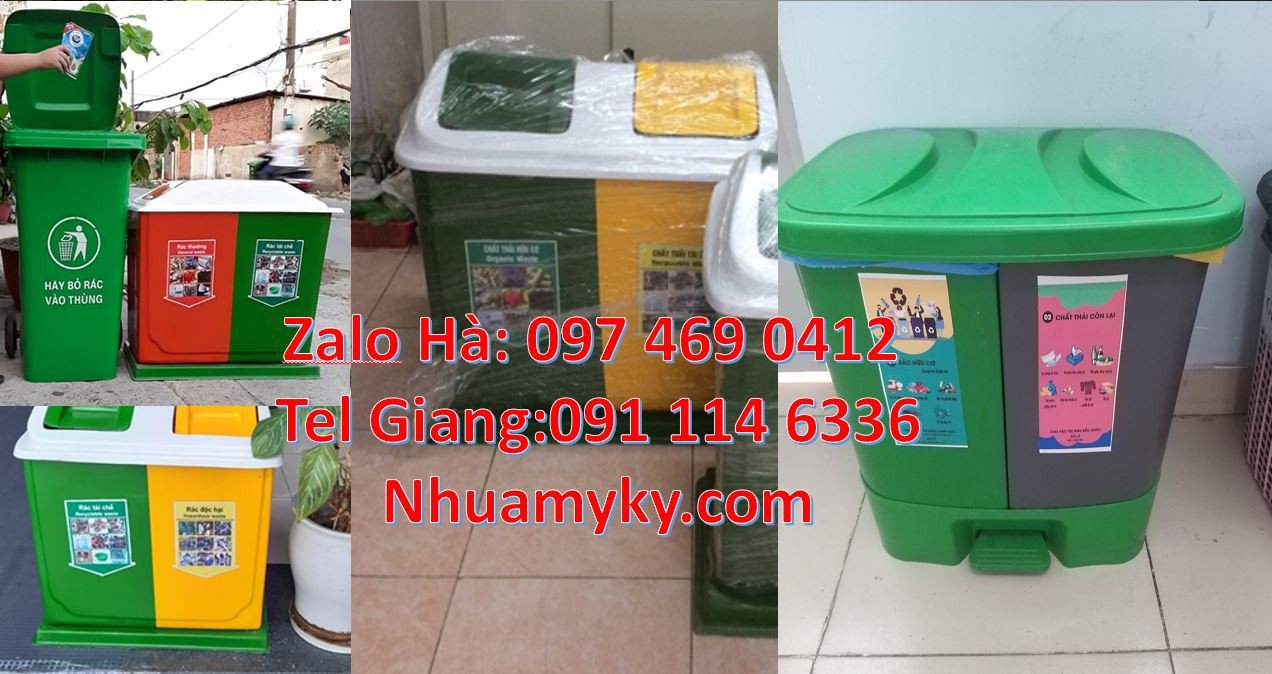 thùng phân loại rác 2 ngăn 2 màu,thùng phân loại rác 3 ngăn có nắp đậy