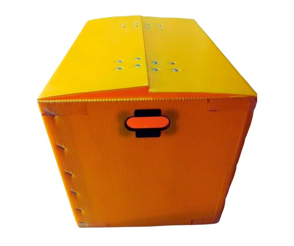 Thùng nhựa danpla đáy xếp tự động, nắp dán lông gai, tay cầm hở