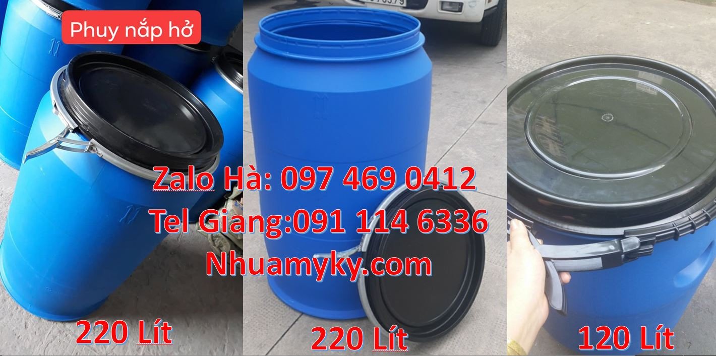 phuy nhựa 220l nắp kín,thùng phuy nhựa màu xanh,phuy nhựa 100l đựng da