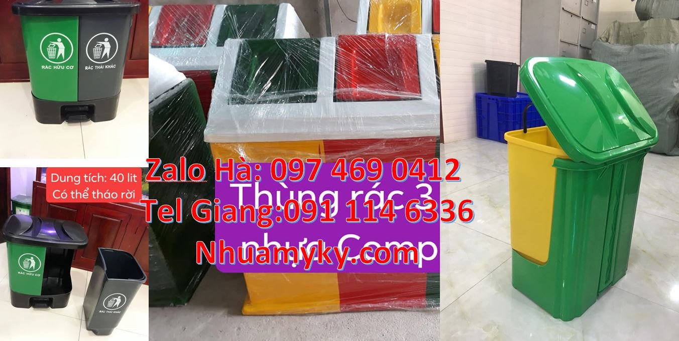 bán thùng rác 2 ngăn 2 màu có nắp đậy,thùng rác 3 ngăn phân loại rác