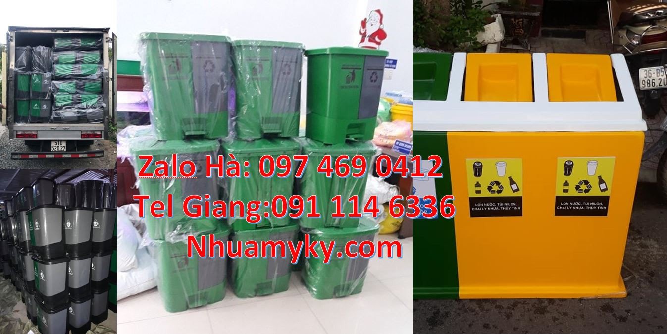 bán thùng rác 2 ngăn 2 màu có nắp đậy,thùng rác 3 ngăn phân loại rác