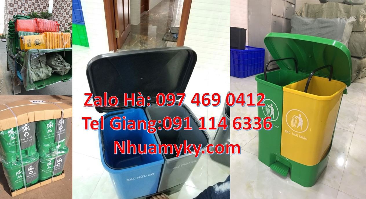 bán thùng rác 2 ngăn 2 màu có nắp đậy,thùng rác 3 ngăn phân loại rác