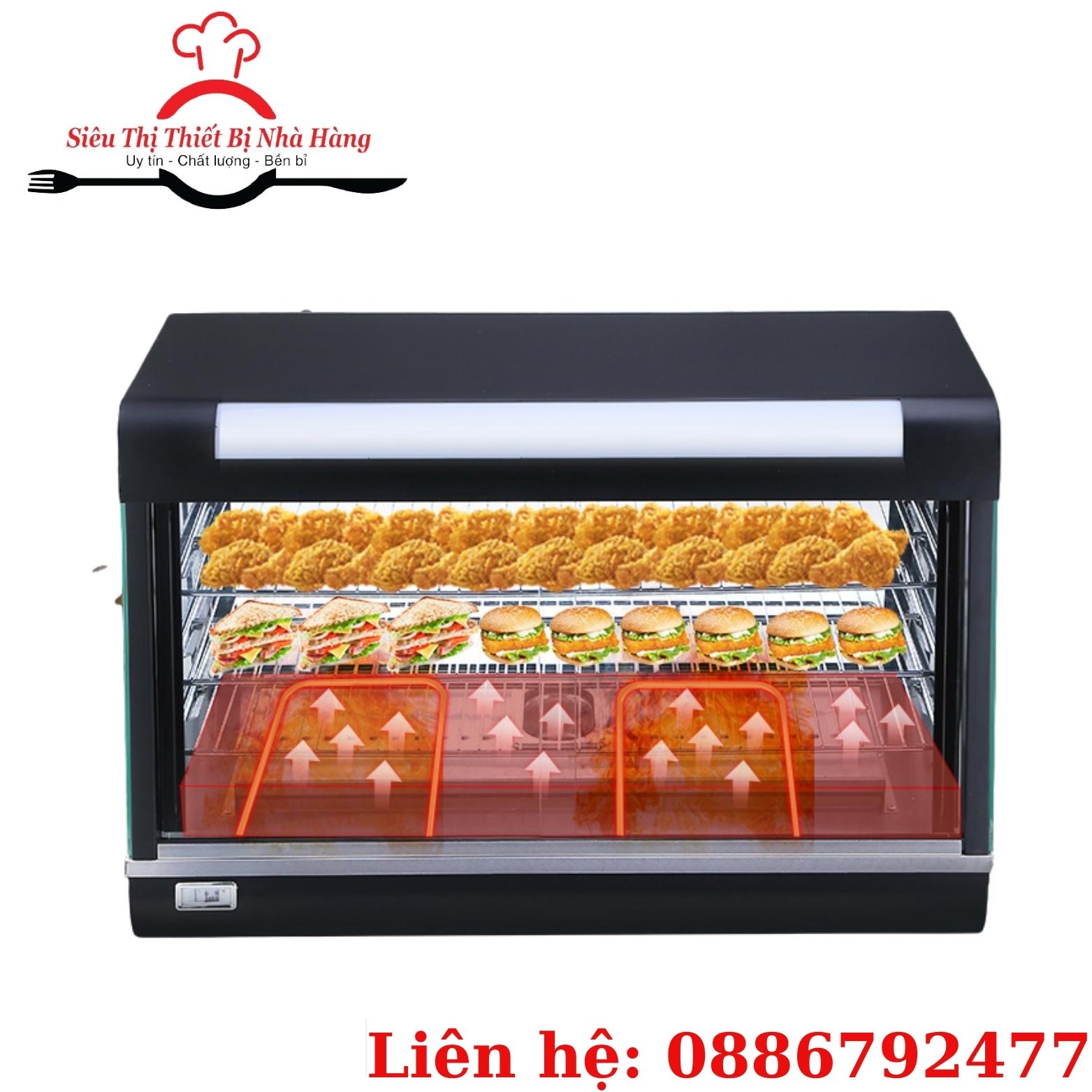 Tủ giữ nóng gà rán, tủ giữ nóng kính vuông 602