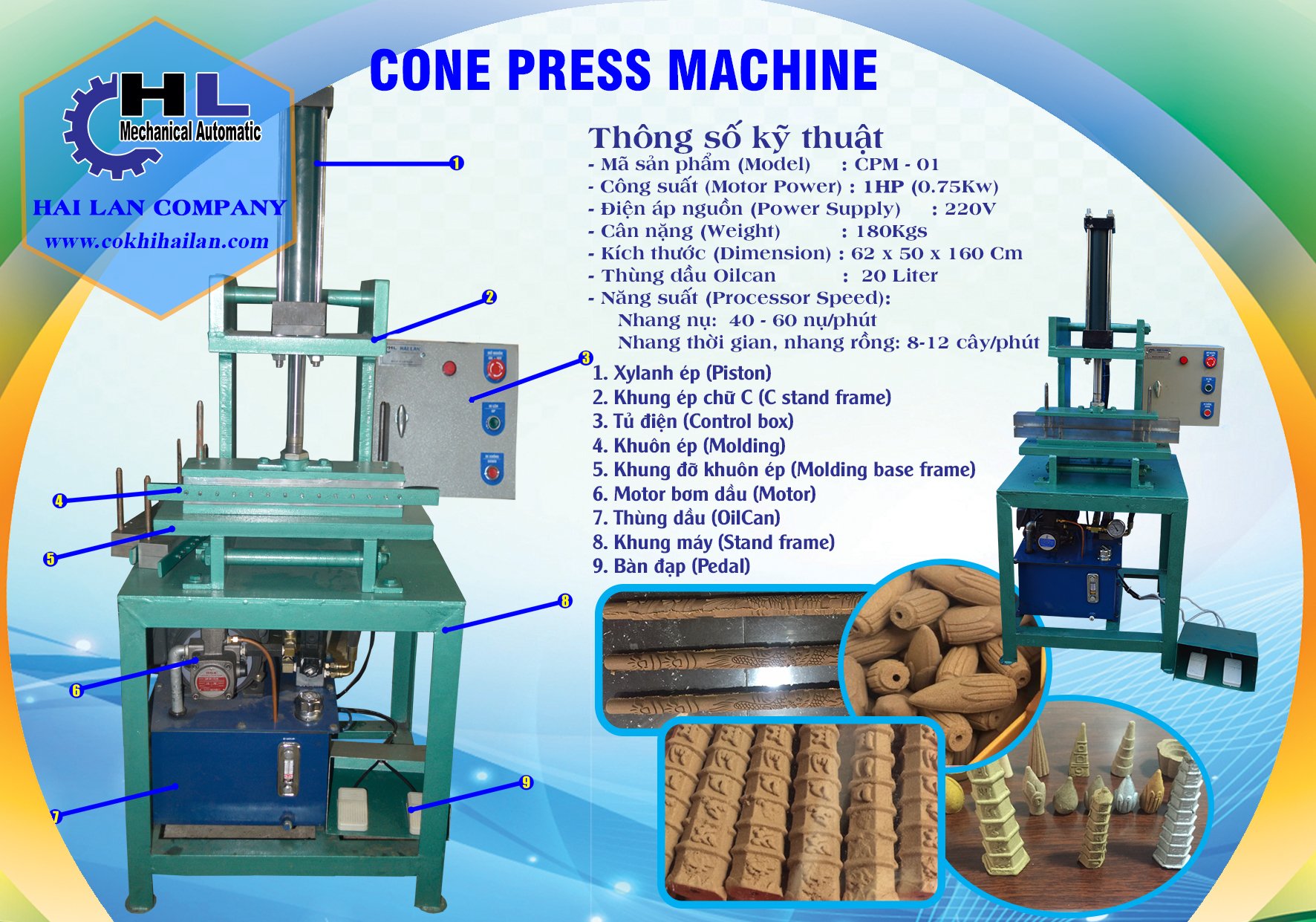 Máy ép chữ C tạo ra nhang nụ trầm của Hải Lan