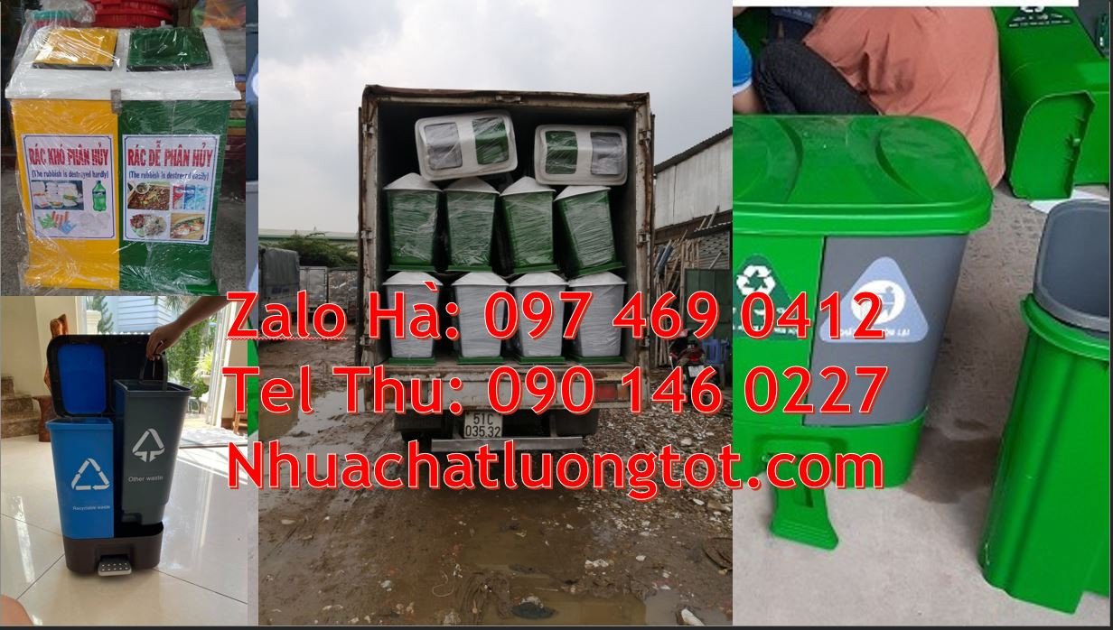 Bán thùng rác 3 ngăn 3 màu giá rẻ,thùng rác 2 ngăn nắp lật có đạp chân