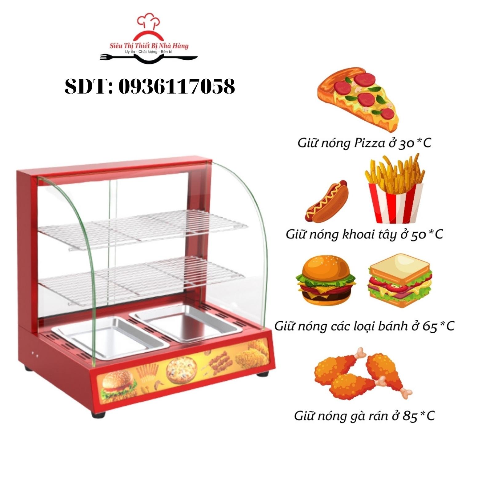 Tủ giữ nóng trưng bày thực phẩm 2 tầng 2 khay kính cong