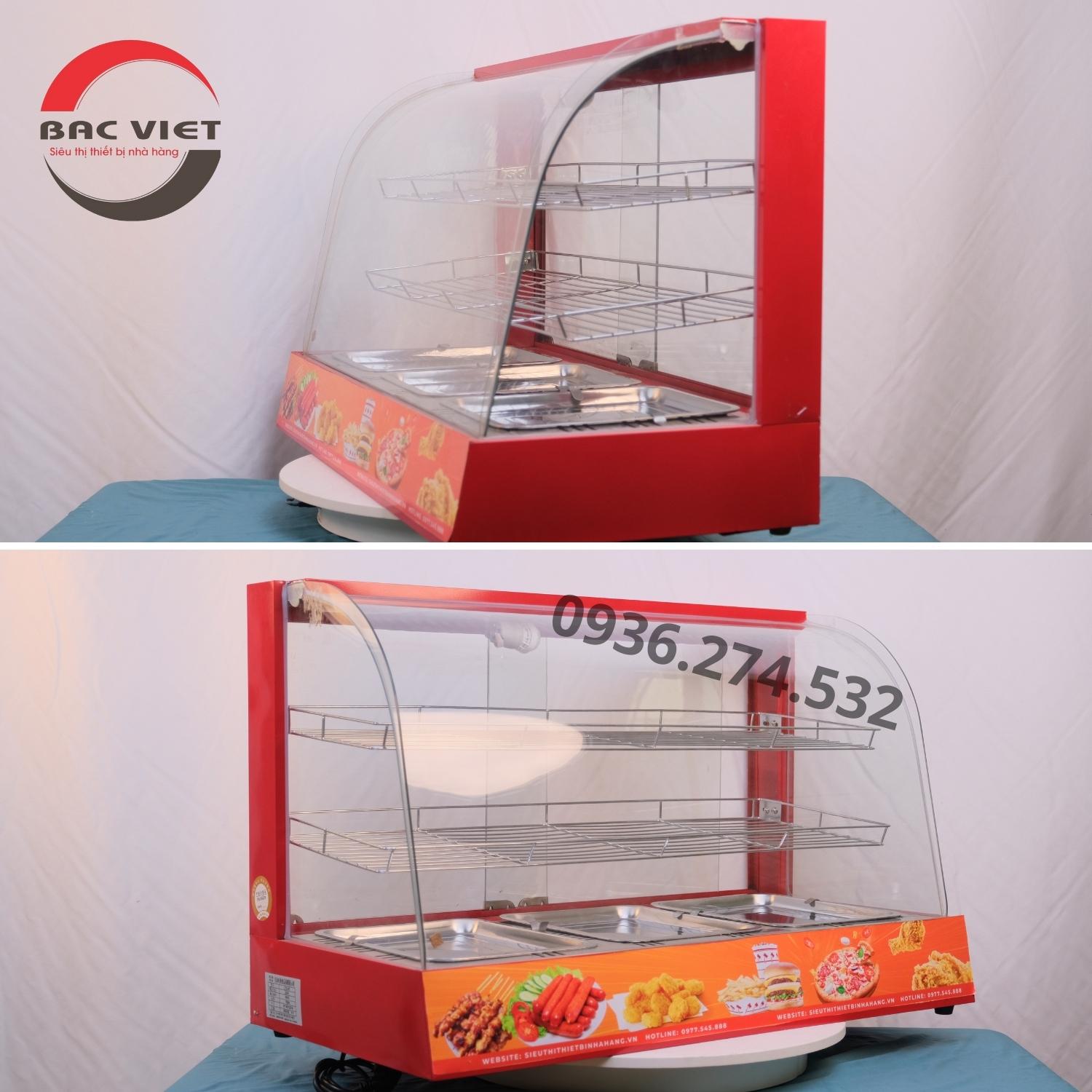 Tủ giữ nóng trưng bày đồ chiên rán kính cong 3 khay