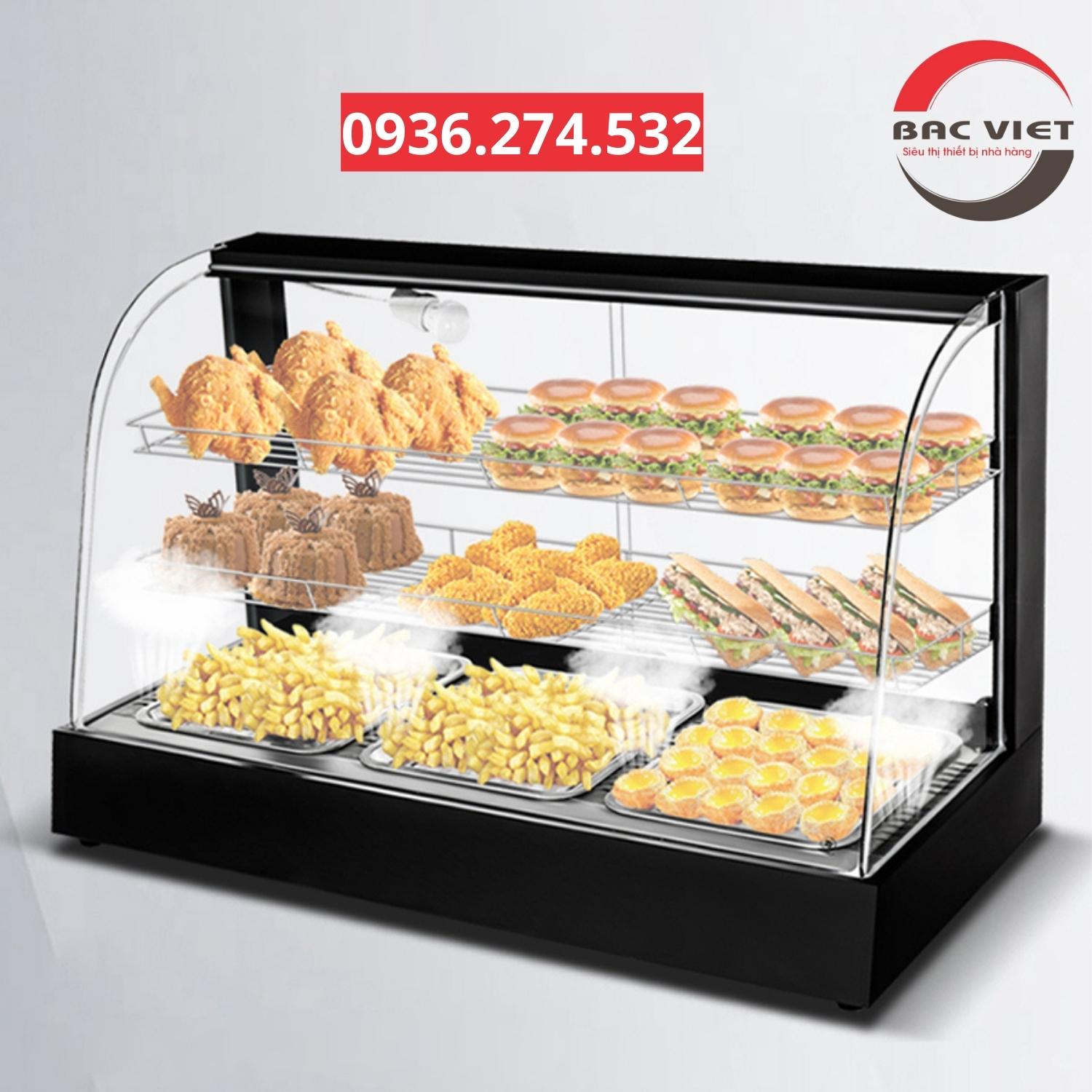 Tủ giữ nóng trưng bày đồ chiên rán kính cong 3 khay
