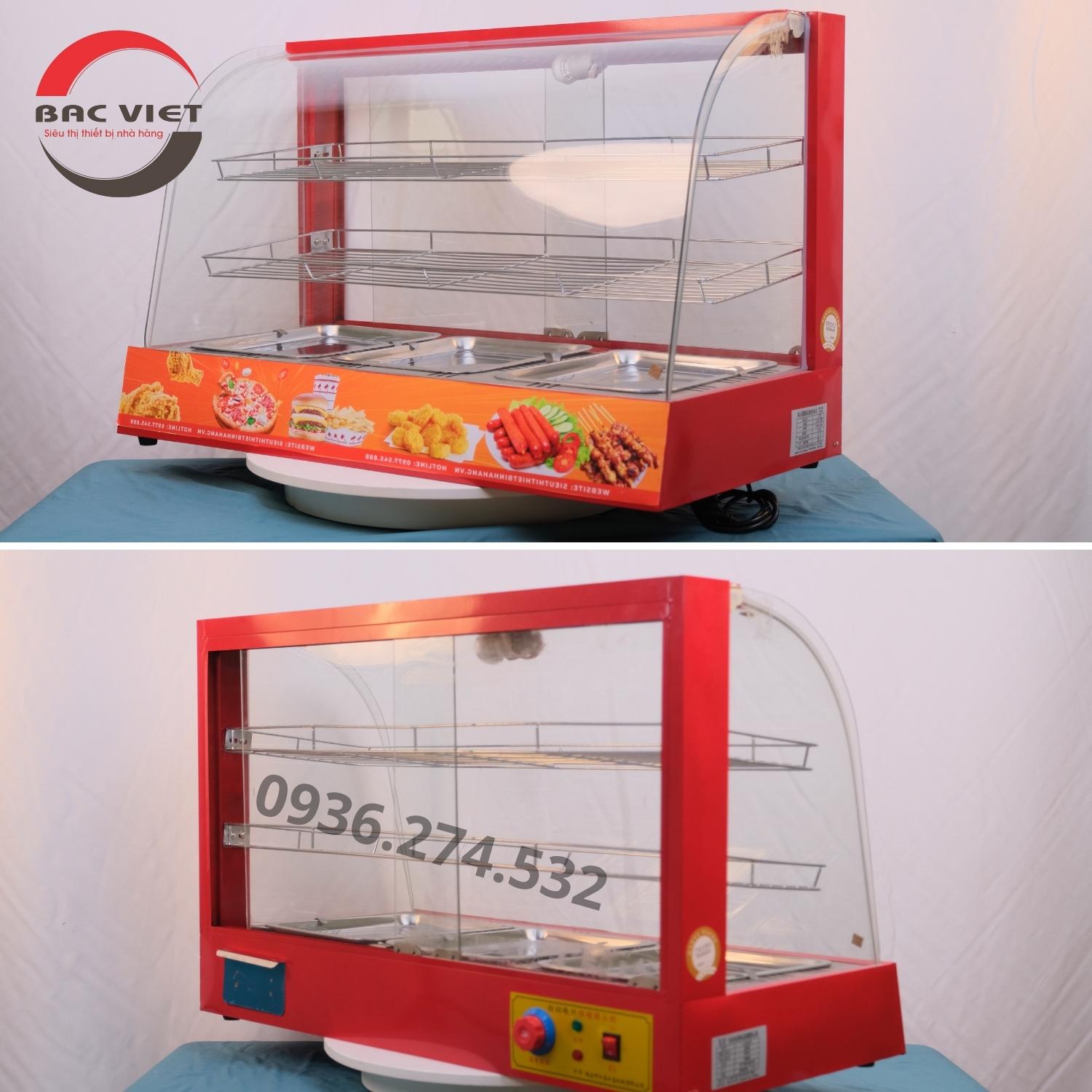Tủ giữ nóng trưng bày đồ chiên rán kính cong 3 khay