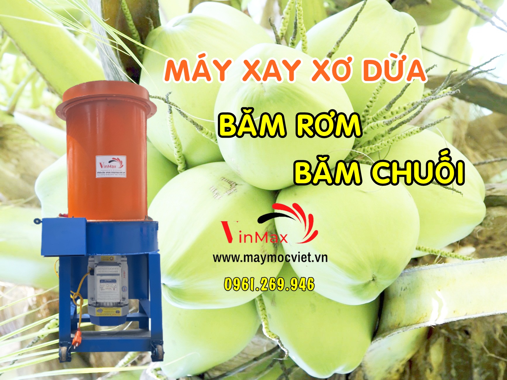 Máy băm rơm, xơ dừa nguyên trái Vinmax XND220 điện 1 pha