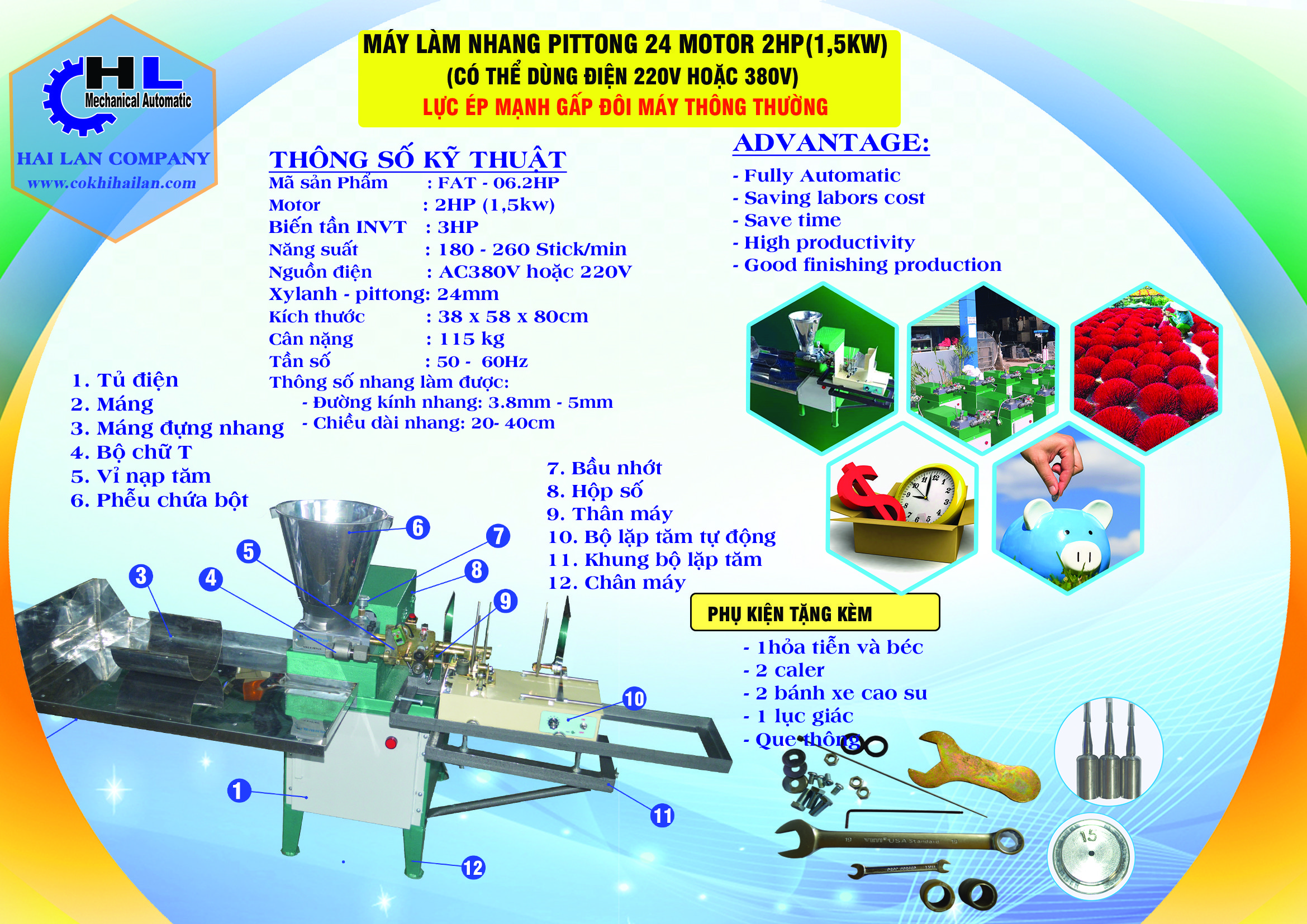 Máy làm nhang cây tự động, piston 24 , motor 2hp