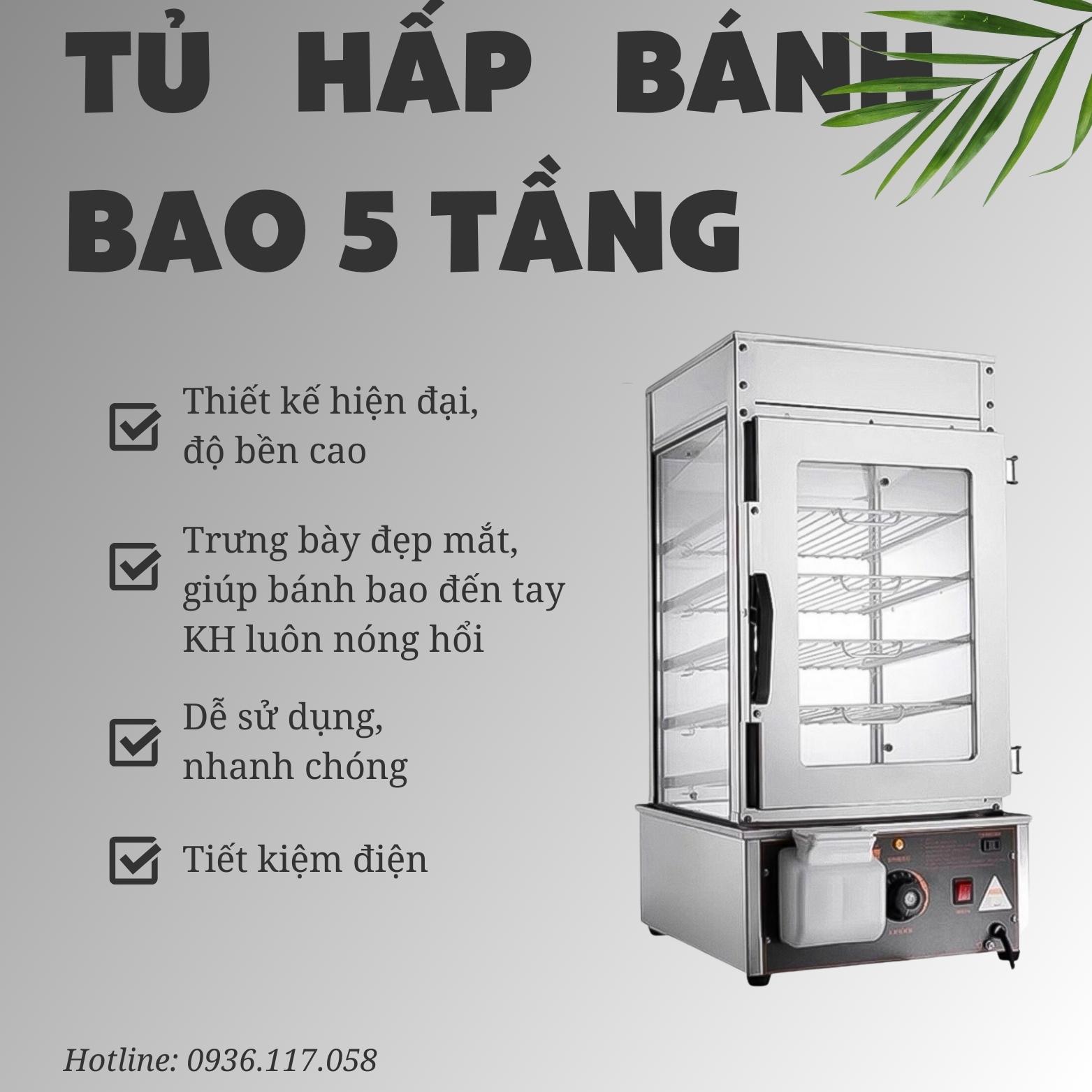 Tủ trưng bày bánh bao 5 tầng- tủ kính 2 lớp chắc chắn