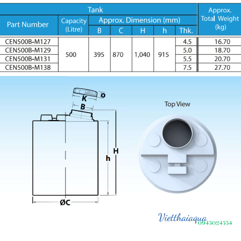 Bồn nhựa nhập khẩu - Bồn nhựa TEMA 500L CENB