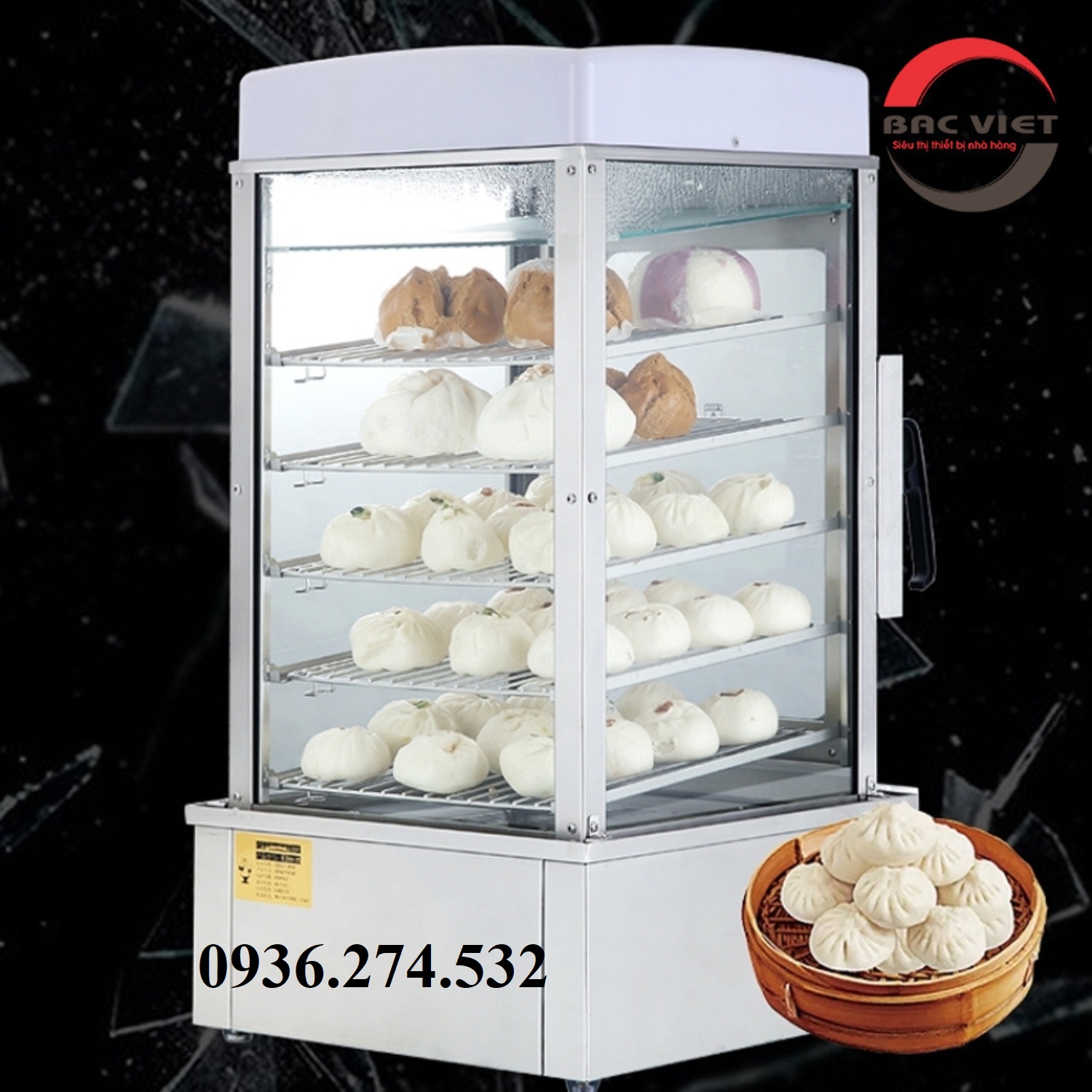 Tủ hấp bánh bao Trung Quốc 5 tầng kính 2 lớp