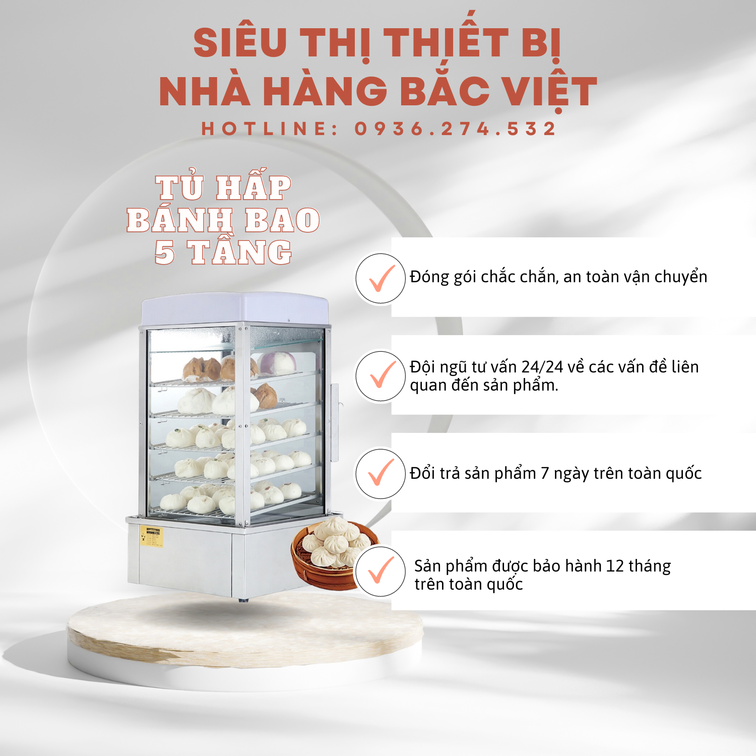 Tủ hấp bánh bao Trung Quốc 5 tầng kính 2 lớp