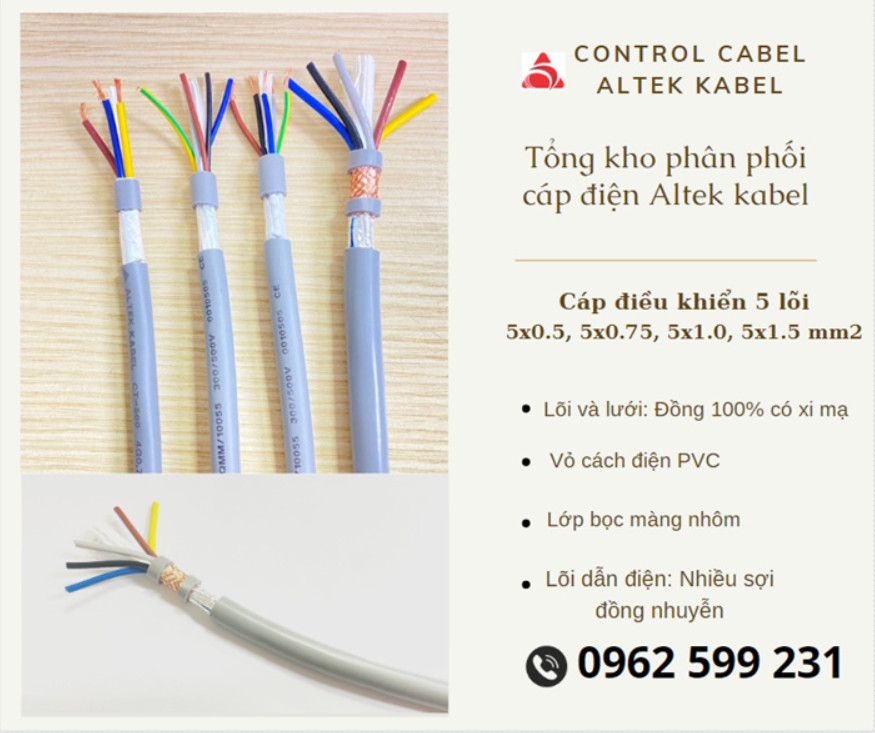 Cáp điều khiển Altek kabel rvv, rvvp 5 lõi 0.5 đến 1.5 mm2