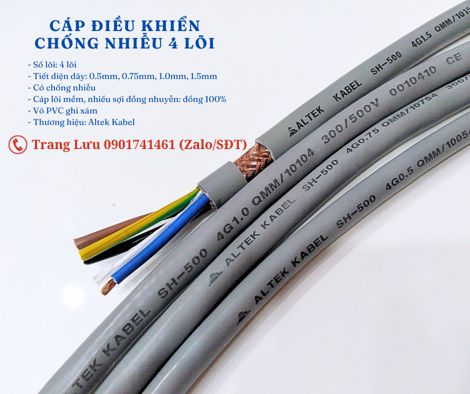 Cáp điều khiển chống nhiễu 4x0.5mm, 4x0.75mm, 4x1.0mm, 4x1.5mm