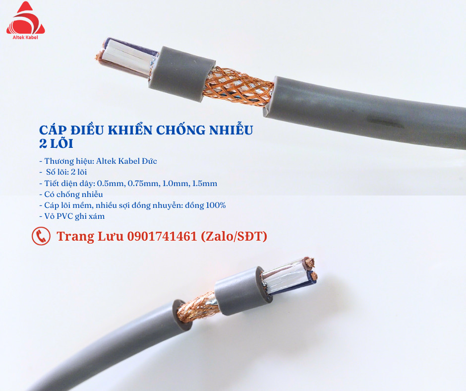 Cáp điều khiển 2 lõi có lưới chống nhiễu