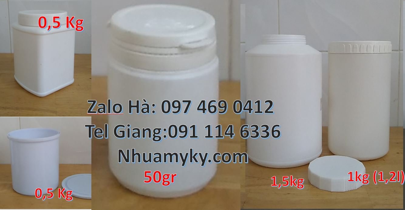 Bán hũ nhựa đựng hóa chất, hũ nhựa 0.5kg đựng bột ngọt,hũ nhựa 50g gia