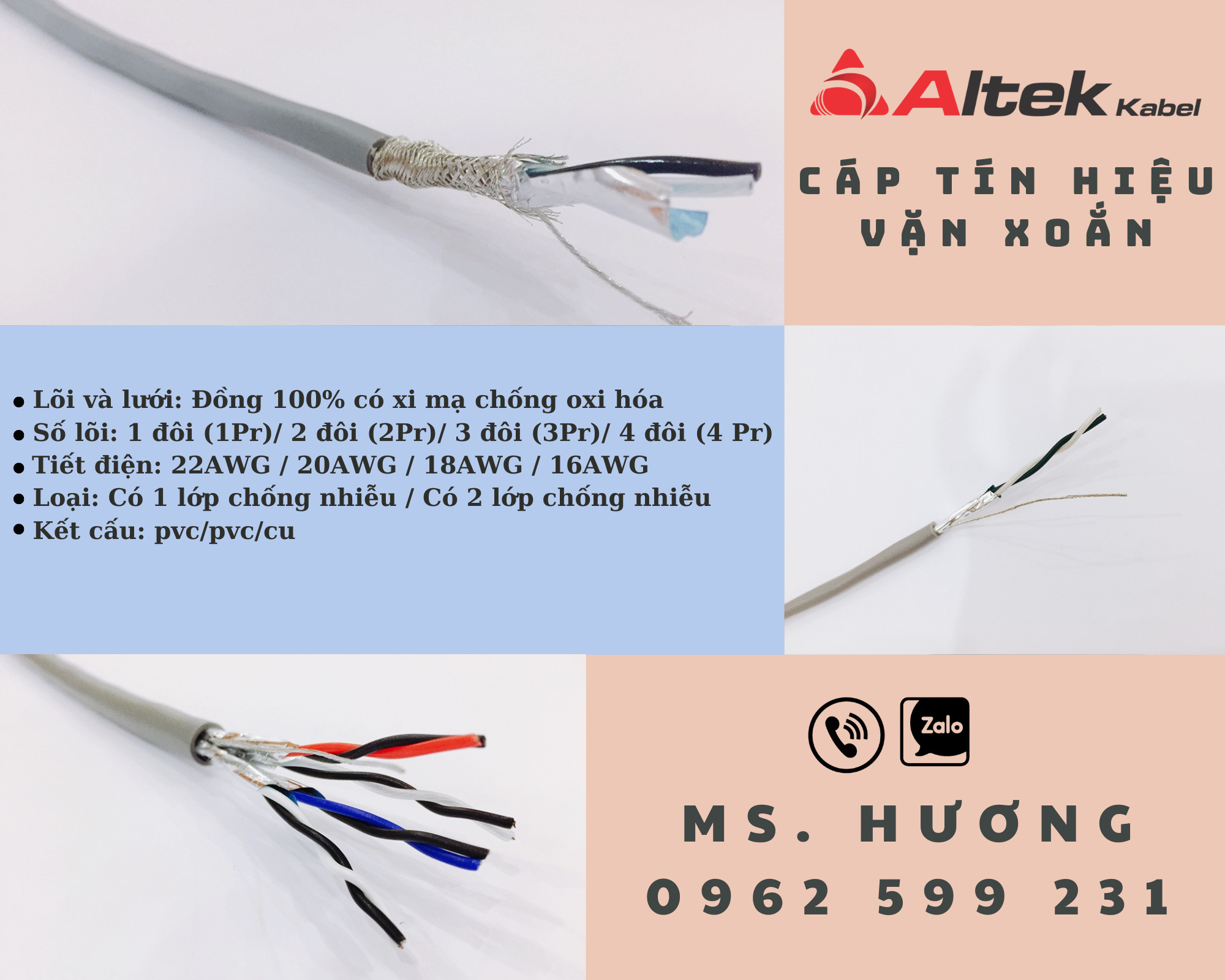Cáp tín hiện vặn xoắn Altek kabel 2 Pair 16AWG, 18AWG, 20AWG, 24AWG