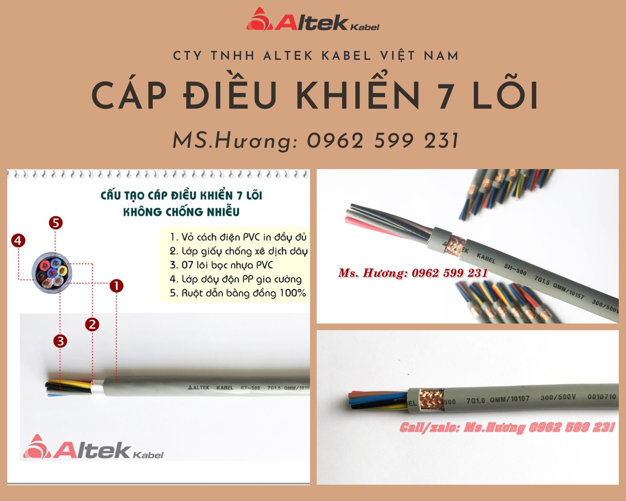 Cáp điều khiển 7 lõi Altek kabel 0.5, 0.75, 1.0, 1.5 mm2