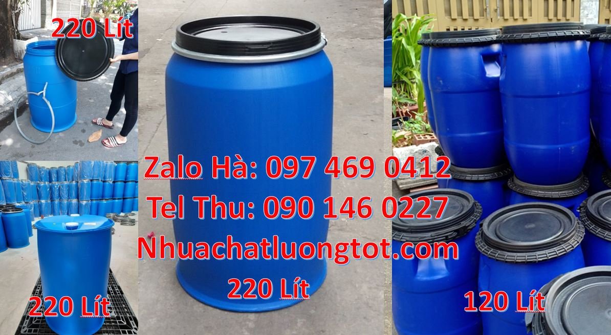 Bán thùng phuy nhựa tròn 220l màu xanh nắp đậy,thùng phuy nhựa 50l re