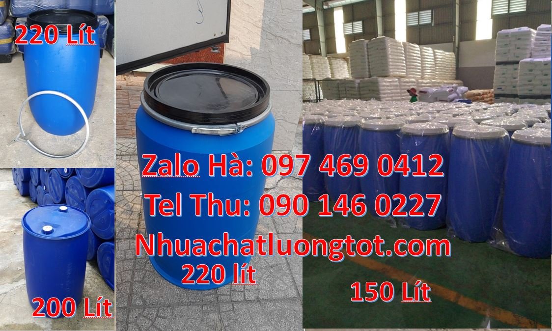 Bán thùng phuy nhựa tròn 220l màu xanh nắp đậy,thùng phuy nhựa 50l re