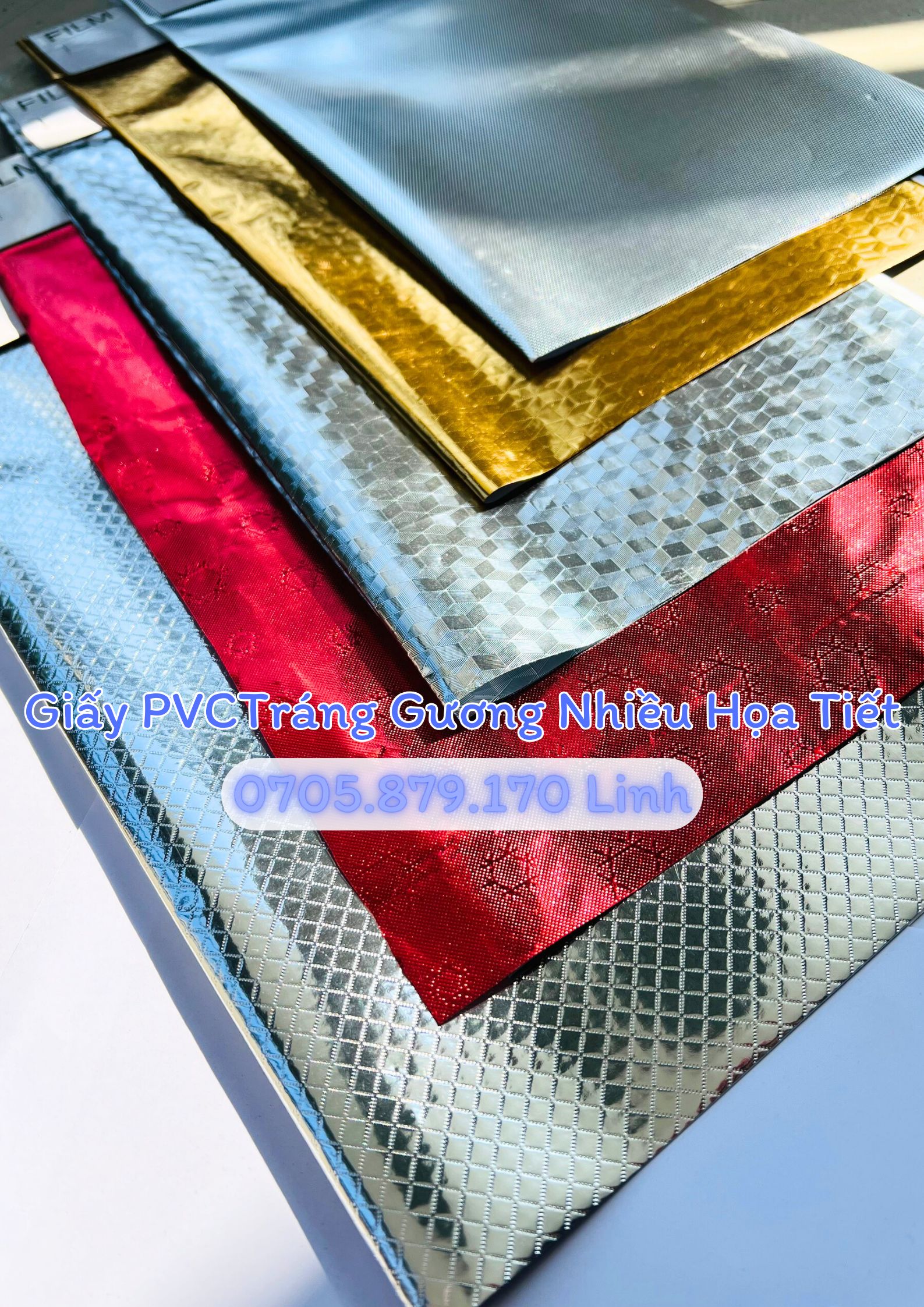 GIẤY PVC TRÁNG GƯƠNG IN NHIỀU HỌA TIẾT (BẠC , VÀNG GOLD , ĐỎ ĐÔ)