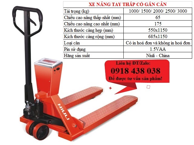 Xe nâng tay thấp gắn cân, xe nâng tay có cân điện tử giá rẻ