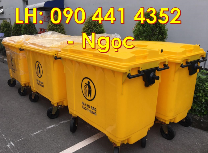 Thùng rác 660 lít 4 bánh xe màu vàng, xe thu gom rác 1000L màu cam,
